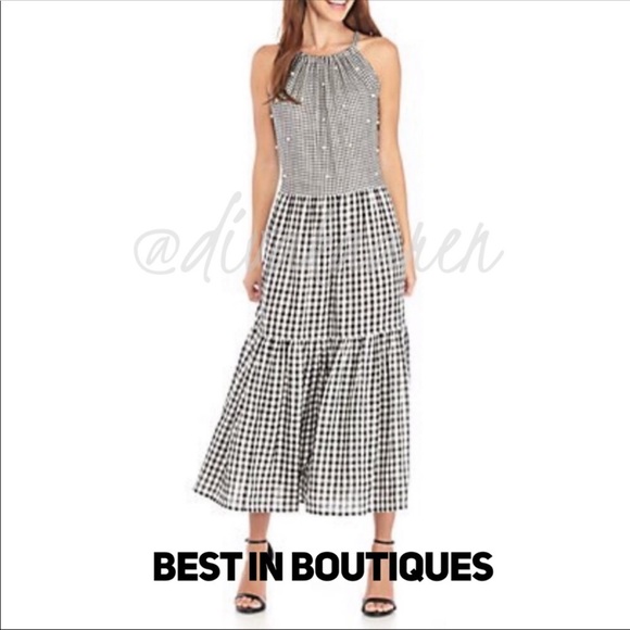 Summer Halter Midi-Dress Gingham, Pearl Detail - Picture 3 of 3